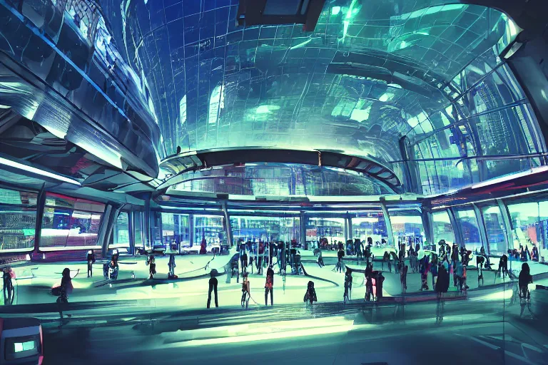 Prompt: a futuristic gymnasium with large curved ceiling high windows looking out to a far future cyberpunk cityscape, flying vehicles and robots passing by outside, night time, cyberpunk neon lights, raining