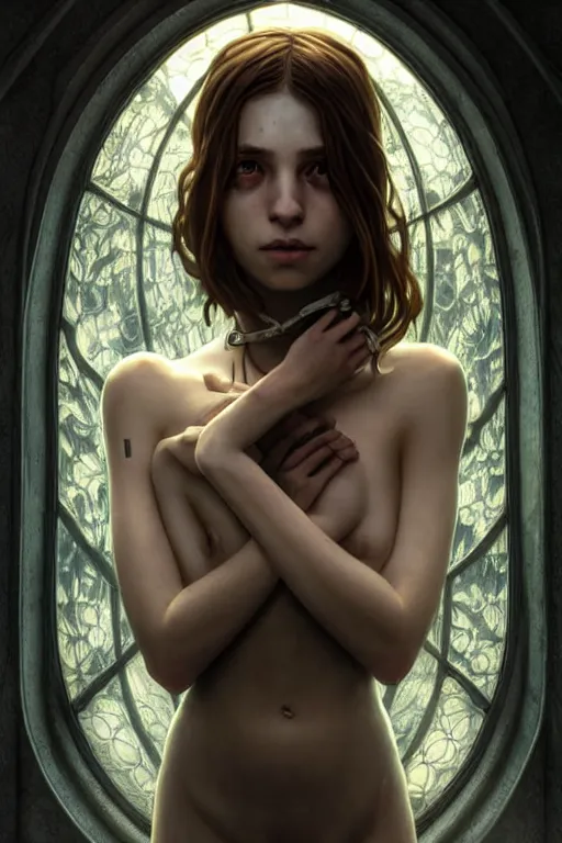 Prompt: beautiful and enigmatic gothic girl held captive in a remote research facility. vulnerability and innocence, ultra realistic, sharp details, subsurface scattering, intricate details, warm lighting, beautiful features, highly detailed, photorealistic, octane render, 8 k, unreal engine, art by artgerm and greg rutkowski and alphonse mucha