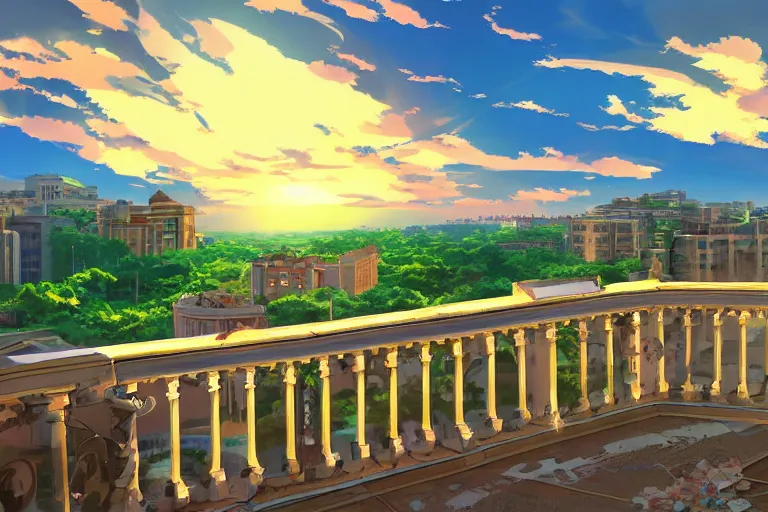 Image similar to anime digital art view from castle balcony sunset