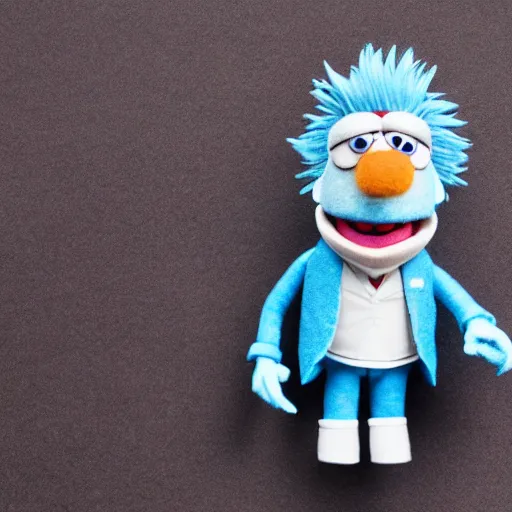 Prompt: rick sanchez as a muppet with blue hair wearing a white lab coat. highly detailed felt. hyper real photo. 4 k.