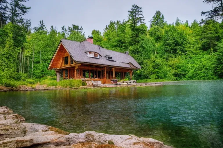 Image similar to cottage in the woods on a cliff beside a lake relax style