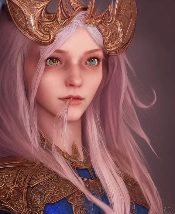 Prompt: a beautiful and highly detailed digital portrait of a dignified elf with long blue hair in rose gold armor by artgerm and lu ji, centered, artsation contest winner, cgsociety, fantasy art, cryengine, concept art, photorealism, daz 3 d, sketchfab, zbrush, vray