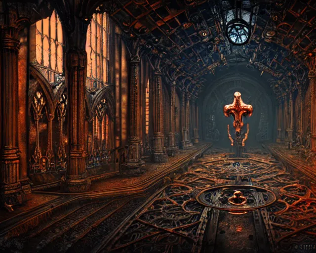 Image similar to steam necropolis, memento mori, gothic, neo - gothic, art nouveau, hyperdetailed copper patina medieval icon, stefan morrell, philippe druillet, ralph mcquarrie, concept art, steampunk, unreal engine, detailed intricate environment, octane render, moody atmospherics, volumetric lighting, ultrasharp, ominous, otherworldly