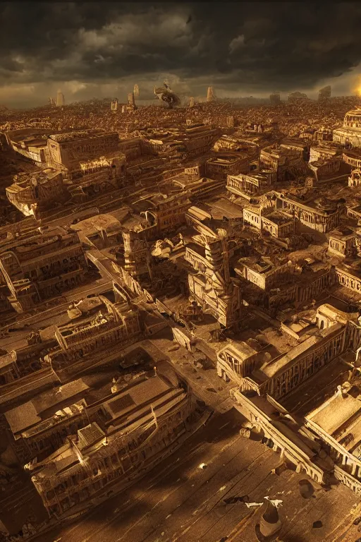 Image similar to rome after a fallout, wide angle, redscale photography, dramatic lighting, photorealistic, cinematic lighting, high detail, cinematic feel, high octane, 4 k, unreal engine, digital render, intricate, ultra realistic, concept art