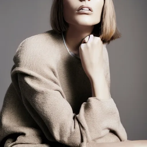 Prompt: close up of face of female fashion model sitting on chair, beige colors, official jil sander editorial