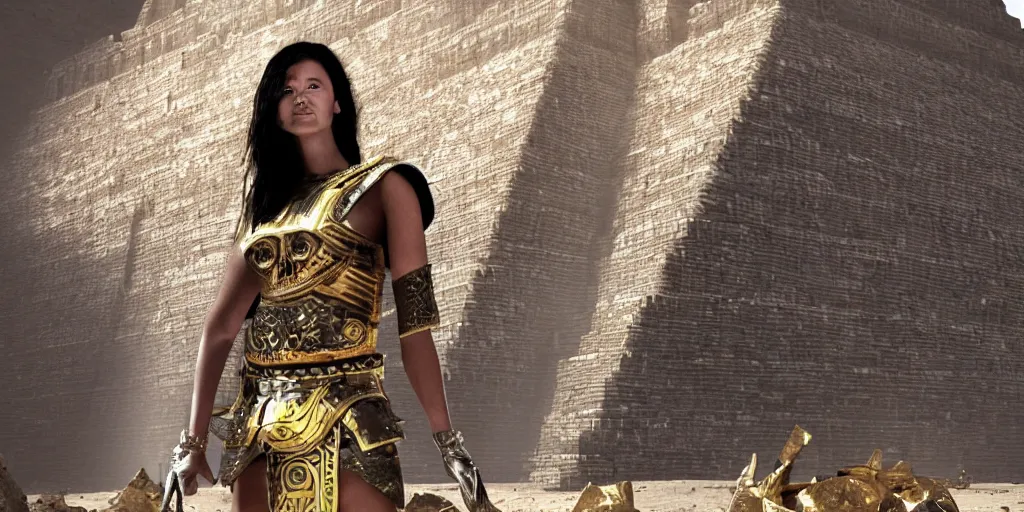 Image similar to photorealistic art of a woman wearing Mayan battle armor, standing in front of a great pyramid of gold, dynamic lighting, space atmosphere, hyperrealism, stunning visuals