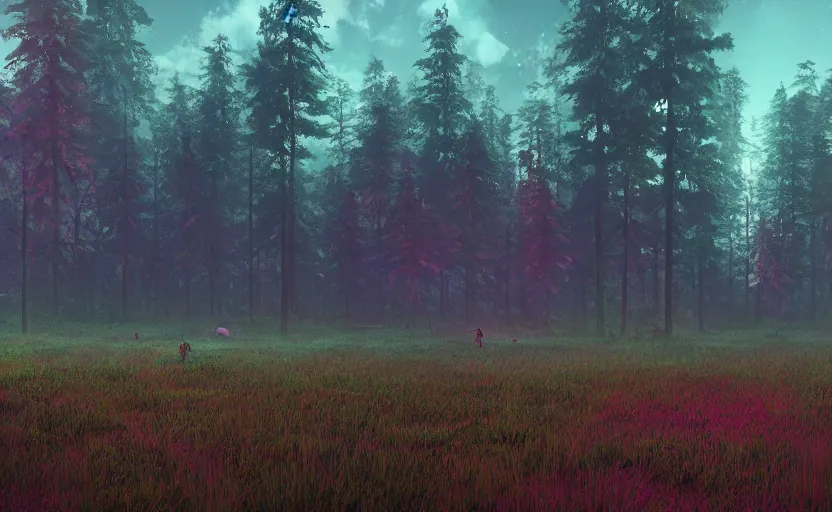 Prompt: forest in the clouds, Low level, rendered by Beeple, Makoto Shinkai, syd meade, simon stålenhag, synthwave style, digital art, unreal engine, WLOP, trending on artstation, 4K UHD image, octane render