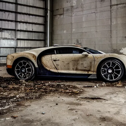 Image similar to an abandoned, derelict, rusty bugatti chiron in a dirty warehouse