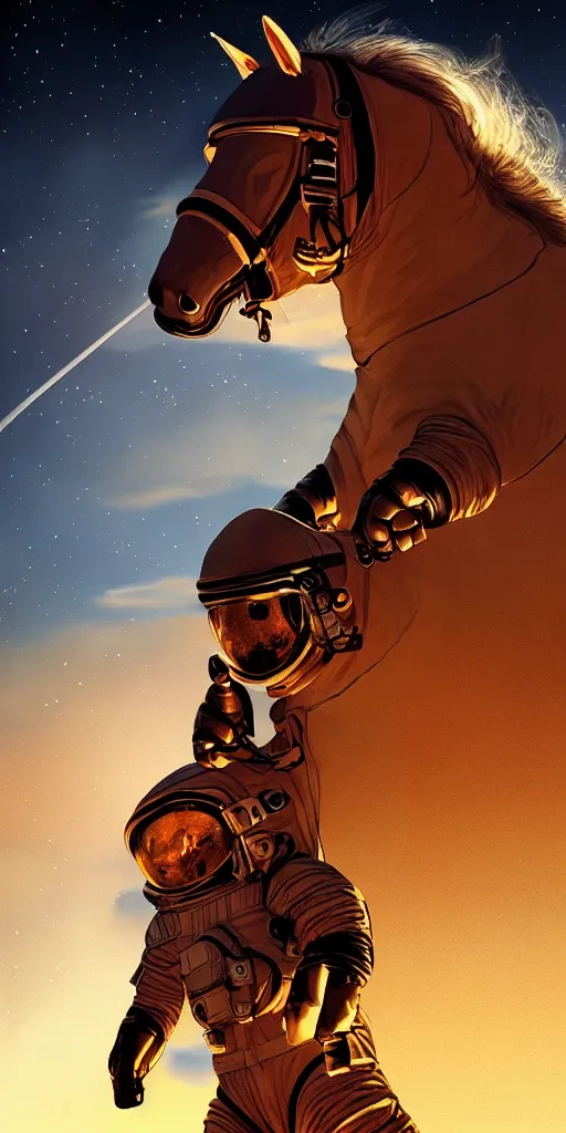 Prompt: astronaut horse, horse suit, outer space, mars, golden hour, sharp focus, digital art, hyper - realistic, 4 k, highly detailed, hd, dramatic lighting by brom