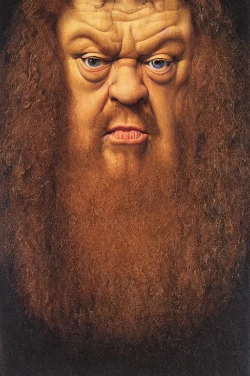 Image similar to portrait of hulking herculean bodybuilder hagrid, oil painting by jan van eyck, northern renaissance art, oil on canvas, wet - on - wet technique, realistic, expressive emotions, intricate textures, illusionistic detail