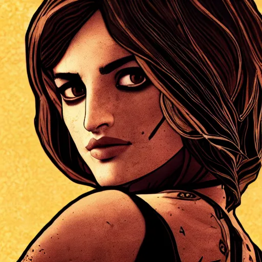 Image similar to penelope cruz portrait, borderlands, tales from the borderlands, the wolf among us, comic, cinematic lighting, studio quality, 8 k