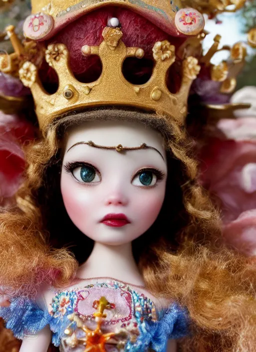 Image similar to closeup profile portrait of tin toy fairytale princess wearing a crown, bikini, depth of field, zeiss lens, detailed, symmetrical, centered, fashion photoshoot, by nicoletta ceccoli, mark ryden, lostfish, breathtaking, 8 k resolution, extremely detailed, beautiful, establishing shot, artistic, hyperrealistic, octane render