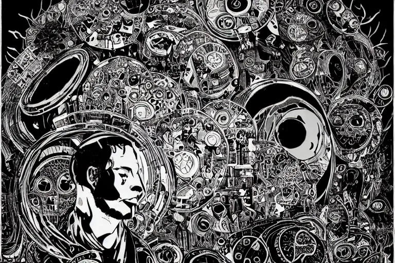 Image similar to psychedelic shaman surrounded by computers by mcbess inside a circular shape, black background, by Philippe Druillet, full colour