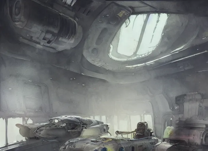 Prompt: watercolor painting abandoned space ship interior, haunting, warning lights, hazard stripes, gritty, dirty, industrial lighting, dust, art by anders zorn, wonderful masterpiece by greg rutkowski, cinematic light, american romanticism by greg manchess, creation by tyler edlin