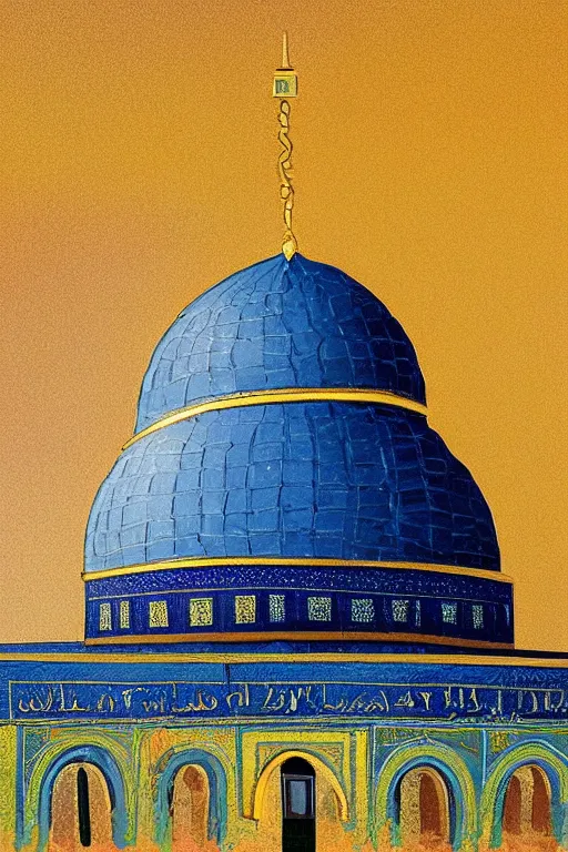 Image similar to a beautiful illustration of dome of the rock jerusalem and a silhouette of a muslim is praying in front of it, impasto paint in the style of martin johnson heade and h. r. giger