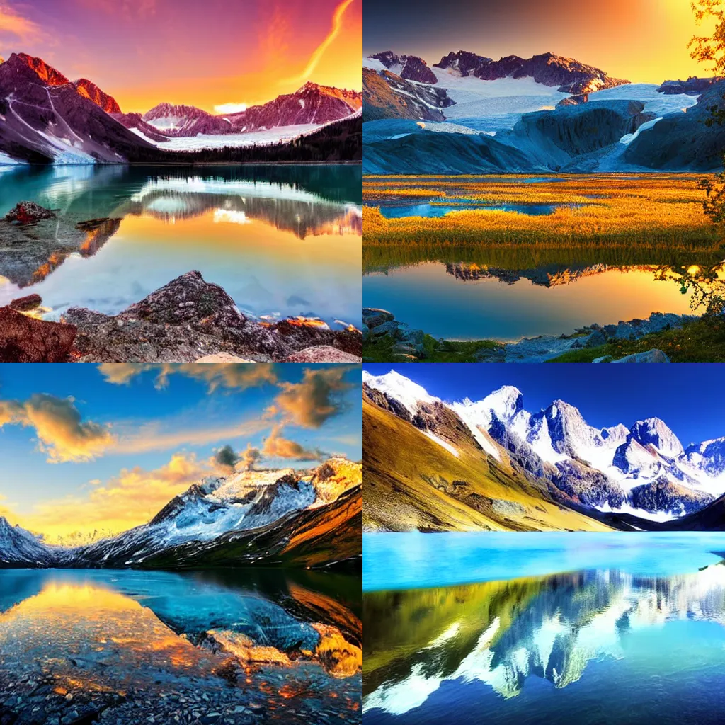 Prompt: beautiful landscape with lakes and glaciers high in the mountains during golden hour, high detail, ultra realistic,