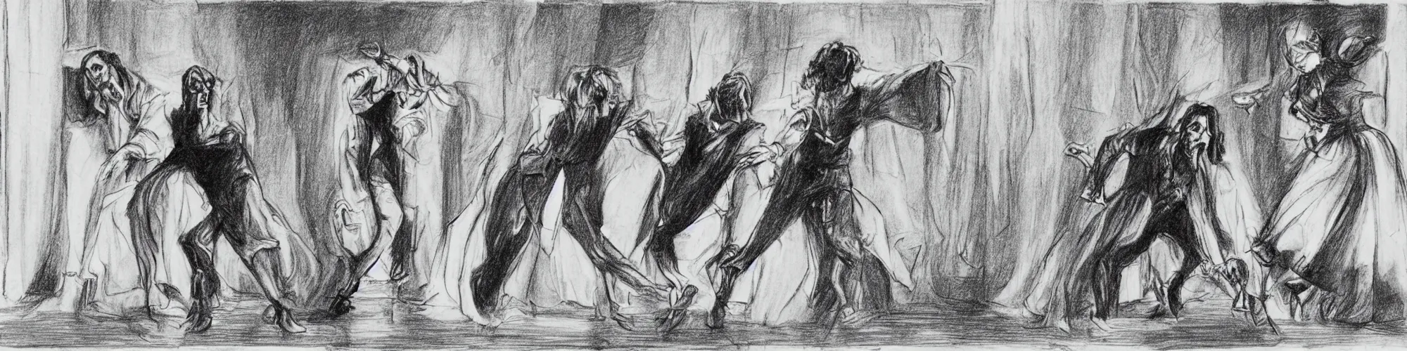 Image similar to frankenstein and his bride doing the silly walk in the ministry of silly walks, motion study, pencil drawing, very detailed, very silly