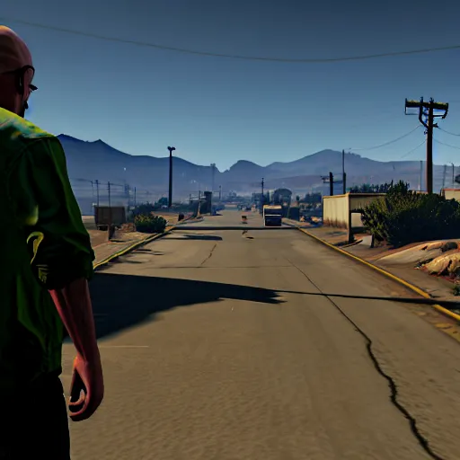 Image similar to breaking bad in gta v, global lighting, cinematic lighting, uhd.