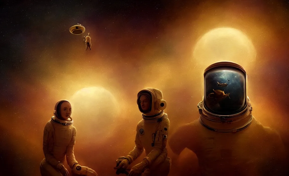 Image similar to epic professional digital art of hungry astronaut, faint golden atmospheric lighting, painted, intricate, detailed, foreboding, leesha hannigan, wayne haag, reyna rochin, ignacio fernandez rios, mark ryden, iris van herpen, best on artstation, best on cgsociety, epic, stunning, gorgeous, much wow, cinematic, masterpiece