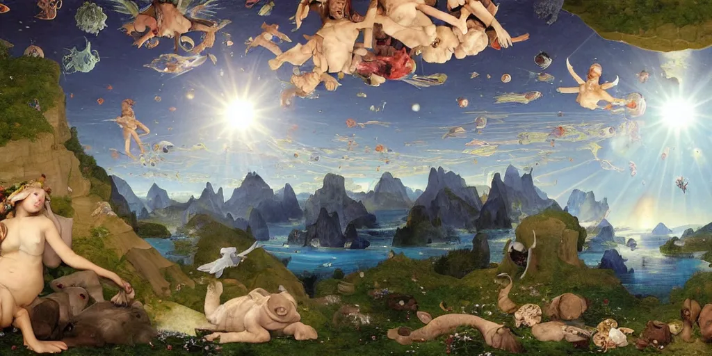 Prompt: The Great Turtle Island at the center of the Universe holding up the sky, Encircled by Mystical Interstellar Nether Worlds, Magic Fairyland, Going to the Sun Highway Glacier Park, Michael Cheval, Hieronymus Bosch, François Boucher, William-Adolphe Bouguereau, Oil Painting, unreal 5, DAZ, hyperrealistic, octane render, Regal, Refined, Detailed Digital Art, RPG portrait, Anton Fadeev, Walt Disney (1937), Steampunk, Volumetric Golden dappled dynamic lighting, Highly Detailed, Cinematic Lighting, Unreal Engine, 8k, HD