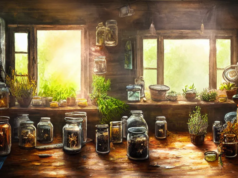 Image similar to expressive rustic oil painting, interior view of a cluttered herbalist cottage, waxy candles, jars on wall, wood furnishings, herbs hanging, light bloom, dust, ambient occlusion, morning, rays of light coming through windows, dim lighting, brush strokes oil painting