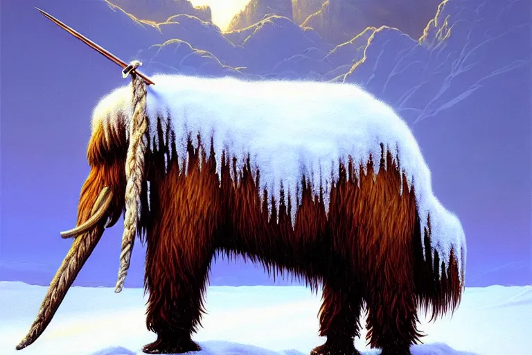 Prompt: classic oil painting, a wooly mammoth covered in snow, as a dnd character, with a closeup spear stuck in its torso, wounded, highly detailed, digital illustration, concept art, smooth, sharp focus, art by greg hildebrandt, and tim hildebrandt