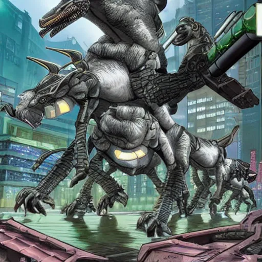 Image similar to a cyberpunk dinosaur war against an army of cyborg pandas, masamune shirow