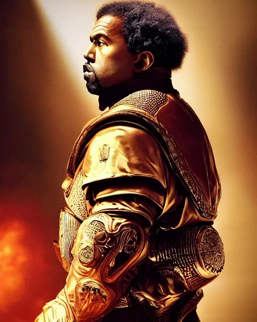 Image similar to kanye west as muammar kadhafi emperor napoleon in gears of war, splash art, movie still, cinematic lighting, dramatic, octane render, long lens, shallow depth of field, bokeh, anamorphic lens flare, 8 k, hyper detailed, 3 5 mm film grain