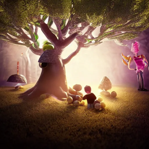 Image similar to a splornfeld enborkenmeyer forkeling the gnorkgnork under a fumfum tree while the pippies peep | artists rikolo and eric stanton with joan semmel and dmitrys high contrast cinematic light, mystical shadows, sharp focus, octane render