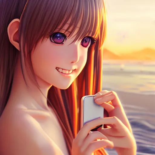 Prompt: beautiful serene intricate very detailed portrait of a realistic anime girl taking a selfie, smiling softly, wearing light loose clothing, relaxing on the beach, golden hour, soft focus, 8 k, art by irakli nadar, hyperrealism, hyperdetailed, ultra realistic