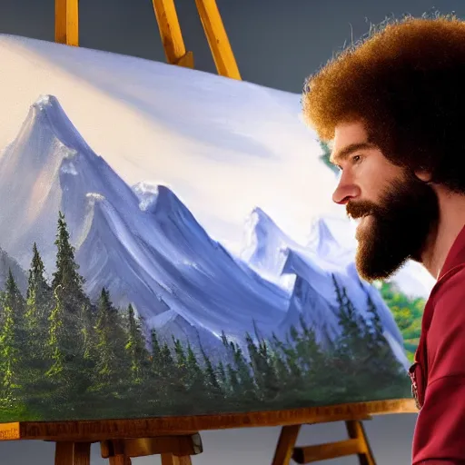 Prompt: a closeup photorealistic photograph of bob ross working on a canvas painting of captain america. happy trees, mountain scape. film still. brightly lit scene. this 4 k hd image is trending on artstation, featured on behance, well - rendered, extra crisp, features intricate detail, epic composition and the style of unreal engine.