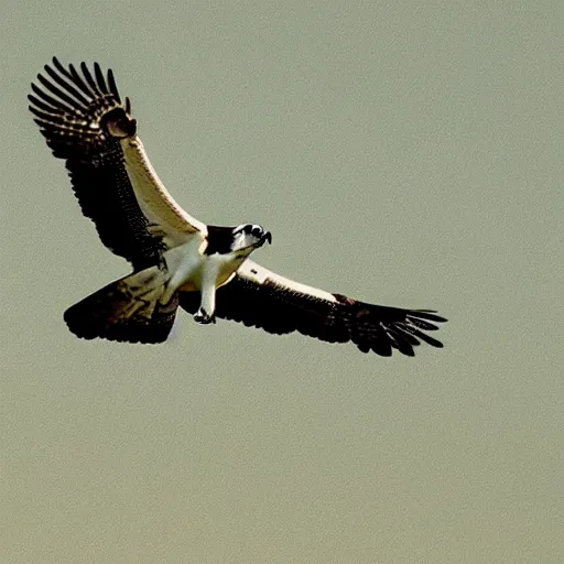 Image similar to a modern, dynamic graphic logo of a fearsome osprey in flight