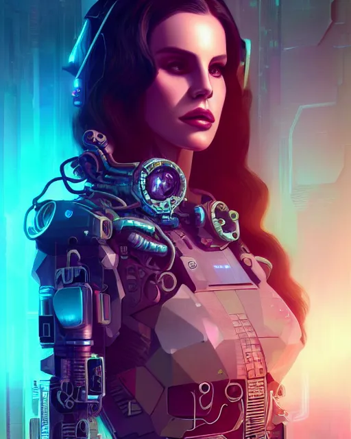 Image similar to portrait of lana del rey as a cyberpunk cyborg. roses, sci - fi, missing panels, intricate abstract upper body intricate artwork, by tooth wu, wlop, beeple, dan mumford. concept art, octane render, deviantart, greg rutkowski, cinematic, key art, hyperrealism, iridescent accents