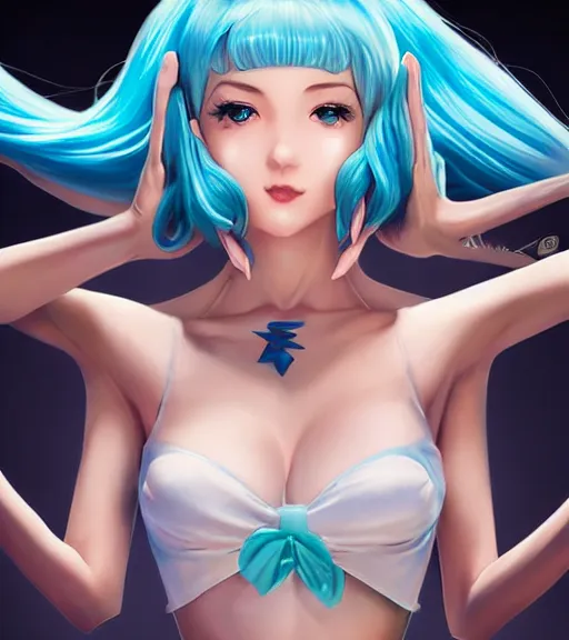 Prompt: Beautiful Hatsune miku by artgerm, rossdraws, magali villeneuve, Gil Elvgren, Earl Moran, Enoch Bolles, hands behind back