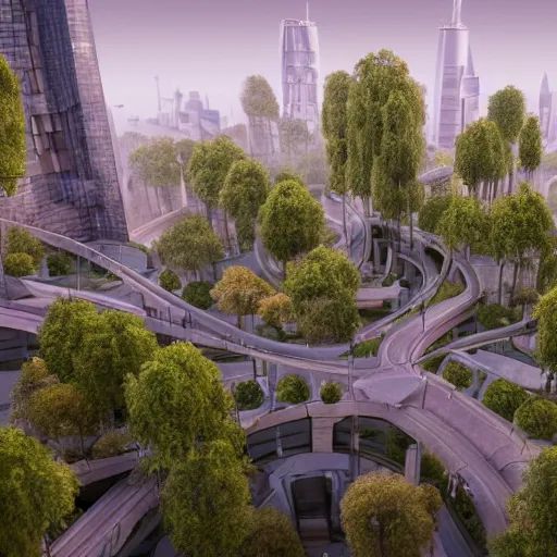 Image similar to Futuristic city, full of nature, trees, parks and gardens, building incorporating natural materials like wood and stone, many people walking about, narrow and winding cosy streets, reuse and recycling of resources, temperate climate, atmosphere of peace and harmony, 3d render, volumetric lighting, extremely detailed, unreal engine, 8k UHD, HDR