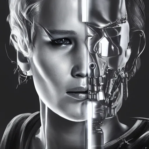 Image similar to Jennifer Lawrence as the Terminator, hyperdetailed, artstation, cgsociety, 8k