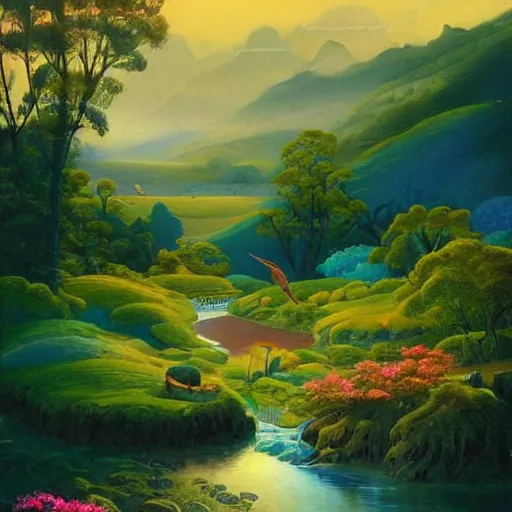 Prompt: A beautiful painting of of a landscape. It is a stylized and colorful view of an idyllic, dreamlike world with rolling hills, peaceful looking animals, and a flowing river. The scene looks like it could be from another planet, or perhaps a fairy tale. by Hsiao-Ron Cheng, by Paul Gustav Fischer improvisational