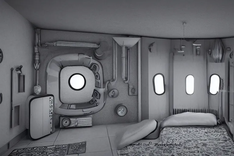 Image similar to small single bedroom quarters inside rocket ship with gray metallic factory engine walls, details, sharp focus, intricate, high definition, retro, 1960s, 1970s, 1980s, sci-fi, digital Art, 3D, realistic photograph,