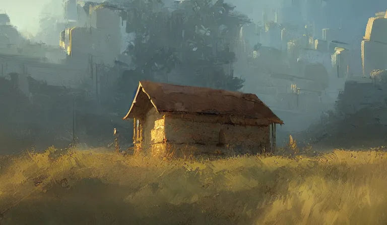 Prompt: A serene landscape with a singular building in the style of Craig Mullins.