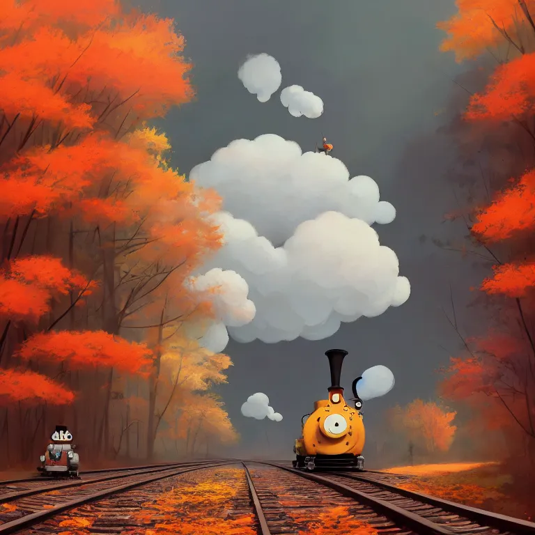 Image similar to Goro Fujita illustrating An antique steam train with a large white cloud coming out of the chimney travels through a beautiful autumn forest along the railroad tracks, art by Goro Fujita, concept art, sharp focus, ArtStation