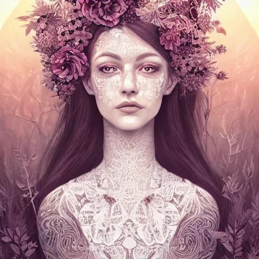 Prompt: a picture of a woman with a symmetrical detailed face, in a white lace dress and covered in flowers and leaves sitting in an enchanted forest, sunset, high fantasy, elegant, epic, detailed, intricate, digital painting, concept art, realistic detailed face, smooth, focus, soft rim light,