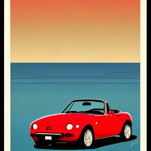 Prompt: a vintage poster of a red Mazda MX-5 parked on a beach in the moonlight