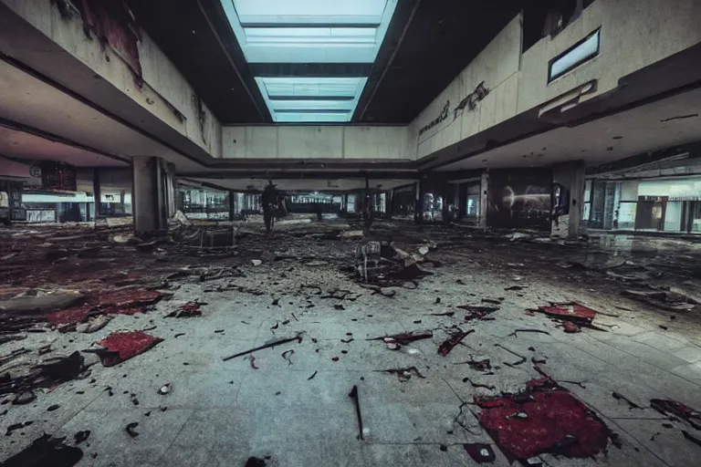 Image similar to low wide angle photo of a abandoned cyberpunk shopping mall with dead human bodies on the floor, a crew of high tech soliders are coming in, cinematic lightning, ray tracing, unreal engine, photorealistic, detailed, dark, moody, foggy, scary
