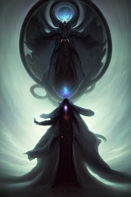 Image similar to the keeper of the eternal void, ethereal being, swirling black cloak, dark and brooding, volumetric light, rendered in octane, matte fantasy painting, high res, by brom, by peter mohrbacher