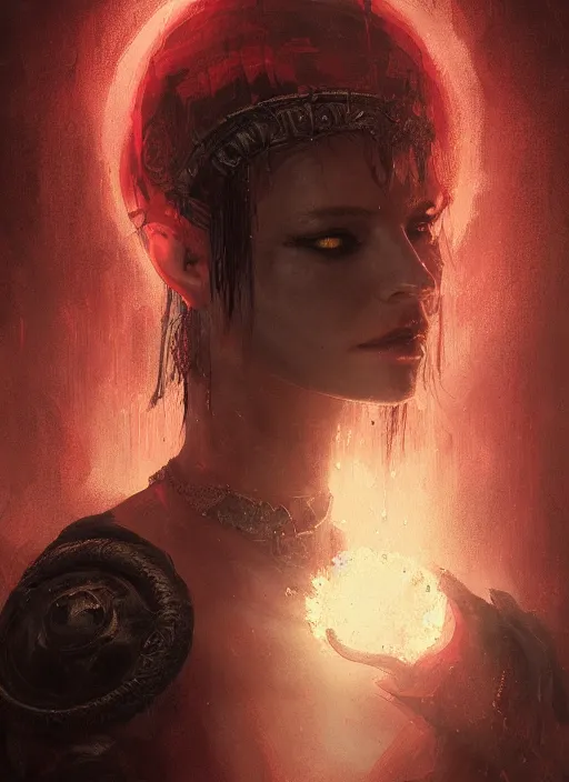 Image similar to diablo 4 lilith, red tones, beautiful face, rule of thirds, intricate outfit, spotlight, by greg rutkowski, by jeremy mann, digital painting