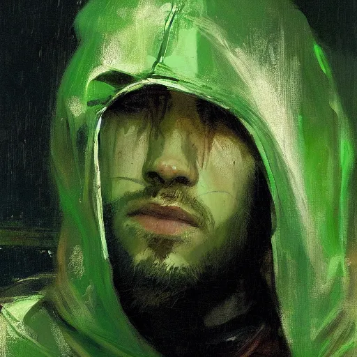 Prompt: portrait of a wondering chad programmer with green hood by jeremy mann, dramatic lighting, close up