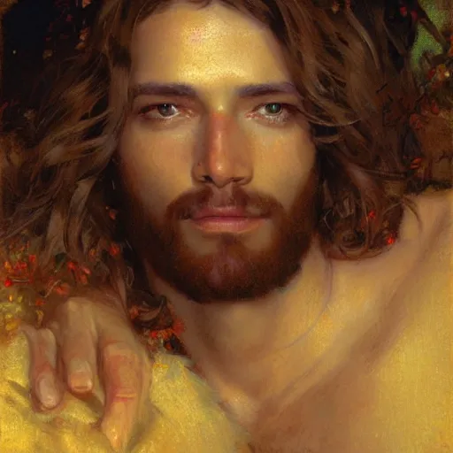 Image similar to Jesus portrait, thirst trap style, painting by Gaston Bussiere, Craig Mullins