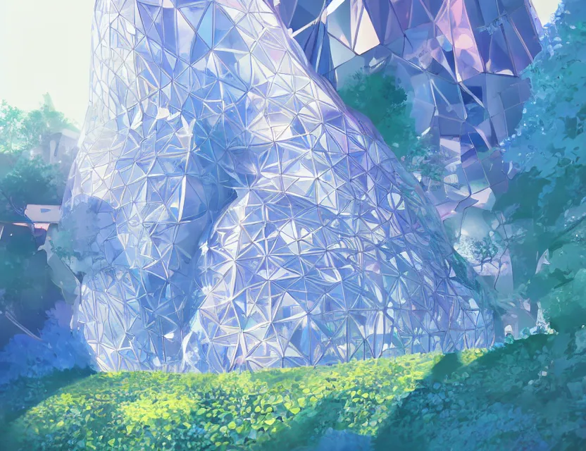 Image similar to beautiful futuristic crystal architecture with organic shapes, blooming plants growing on it. gouache, limited palette with complementary colors, by award - winning mangaka, backlighting, bold composition, depth of field.