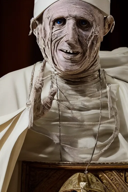 Prompt: mummified pope in his throne at the vatican, desiccated, close - up portrait, pontiff hat, mitre pretiosa, hyper realistic, sharp focus, highly detailed