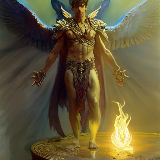 Image similar to attractive male lucifer morning star casting a spell summoning male demons, they rise from down bellow. highly detailed painting by gaston bussiere, craig mullins, j. c. leyendecker, 8 k